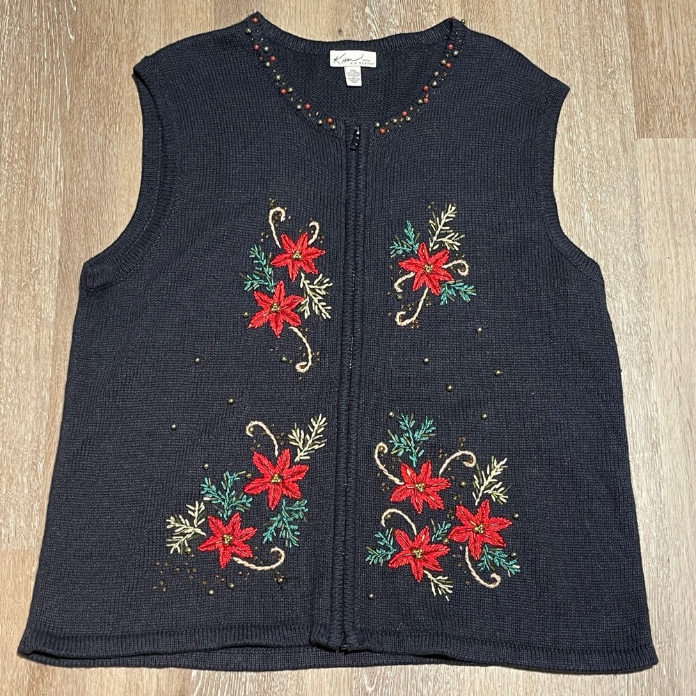 Kim Rogers Petite‎ Knit Christmas Vest Poinsettia Holiday Sleeveless Top EUC